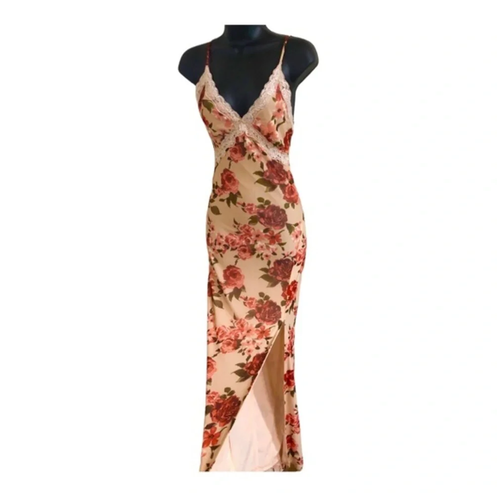Jessica Simpson mesh red roses goth floral lace trim bodice maxi‎ slip dress
